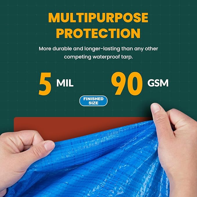 Large Waterproof Tarp - Heavy Duty 5 Mil Thick Poly Tarpaulin Ideal for Canopy Tents, Boats, RV or Pool Covers - Multipurpose Protective Tarps with Grommets for Indoor and Outdoor Use | 50' x 100'