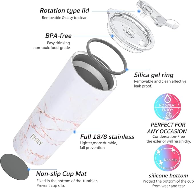 THILY Stainless Steel Vacuum Insulated Tumbler Travel Mug 26 oz Coffee Cup with 2 Lids and Straws, Splash Proof, Keep Ice Drinks Cold, Gold Marble