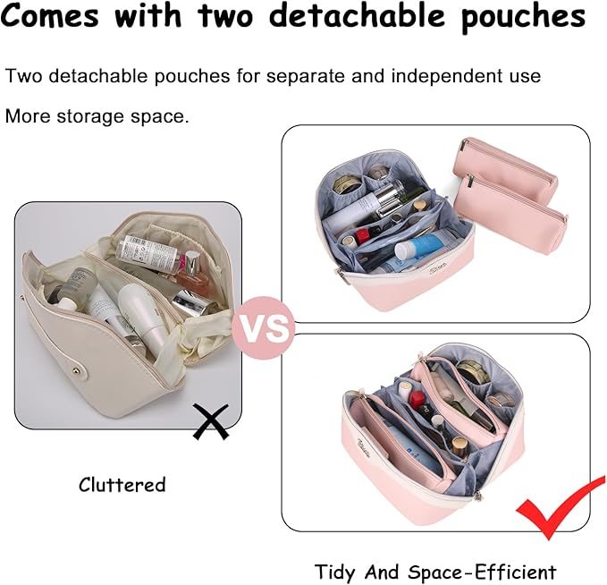 BOYATU Travel Makeup Bag Organizer Cosmetic Bag: 3 Pcs Set Make up Bags for Women with Handle - Waterproof Vegan Leather Toiletry Bags with Comparments (D-04-Pink)