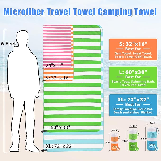 Sfee 2 in 1 Microfiber Travel Towel, Quick Dry Towel Camping Beach Towel Super Absorbent Compact Lightweight Sports Gym Towel Set for Gym, Hiking, Pool, Bath, Yoga (Small: 32''x16'')