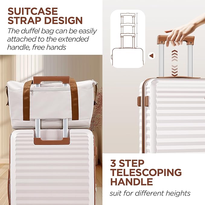 SHOWKOO Carry On Luggage Hardshell Lightweight Luggage Set, Suitcase with Double Spinner Wheels Tsa Lock White 3 piece set Beige White (DB/TB/20in)