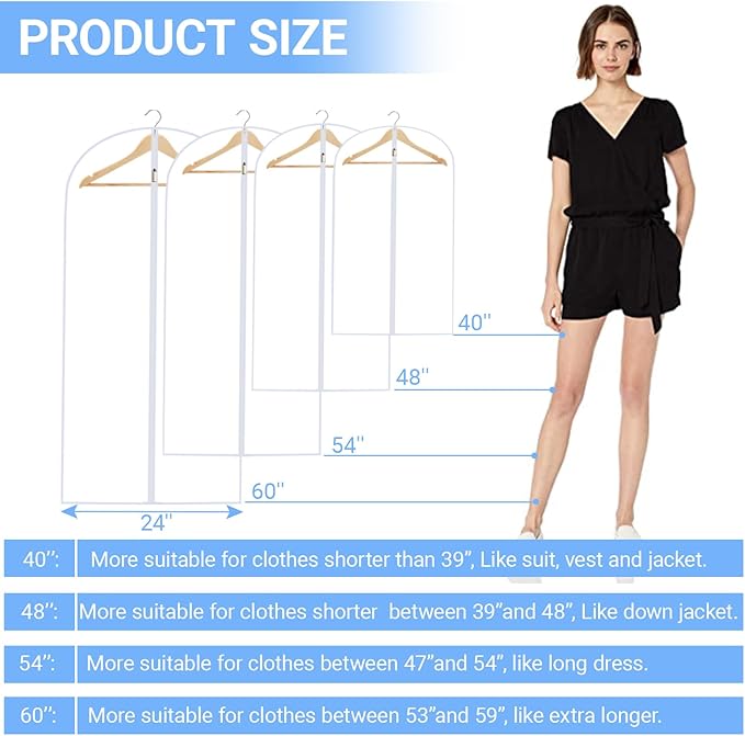 Garment Bags for Hanging Clothes 24'' x 40'' (Set of 12) Coat Covers for Closet Foldable Washable Dress Bags for Hanging Clothes for Long Dress Dance Costumes Suits Gowns Coats
