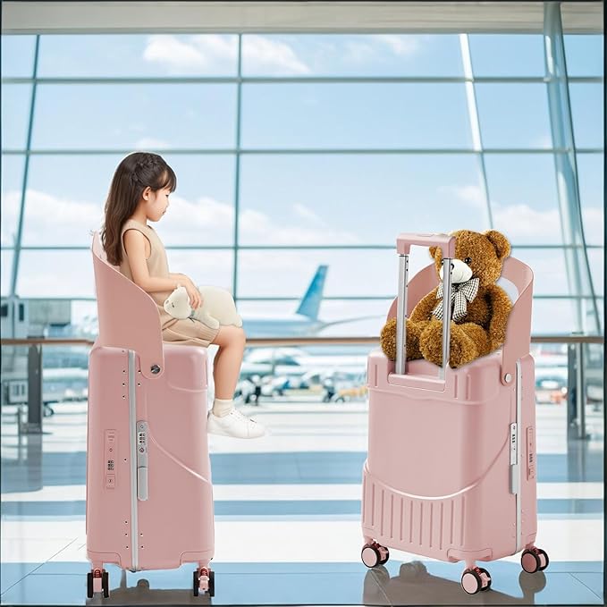 20 Inch Ride on Luggage With Seat For Kids&Adults,with Front Pocket, Foldable Seat Back TSA Approved Lock, 360° Spinner Wheels(20 inch,Pink)