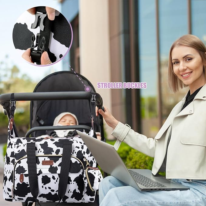 Tuwubi Diaper Bag Tote,Baby Diaper Bag with Pacifier Case Large Travel Diaper Tote Caddy for Mom and Dad Multifunction Large Baby Bag - M-Cow Print
