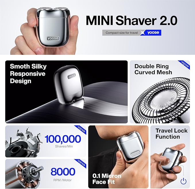 yoose Mini Electric Shaver, Alloy Portable Travel Shavers, Cordless Shaving, USB-C Rechargeable Electric Razor for Men, Dry Shave, IPX7 Waterproof, Detachable Head, Easy Cleaning, Blue
