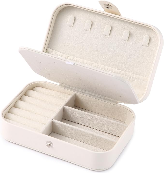 Travel Jewelry Box, PU leather Small Jewelry Organizer For Female Girls, double layer portable mini travel case for storing earrings, rings, necklaces.(Bright White 2pcs)