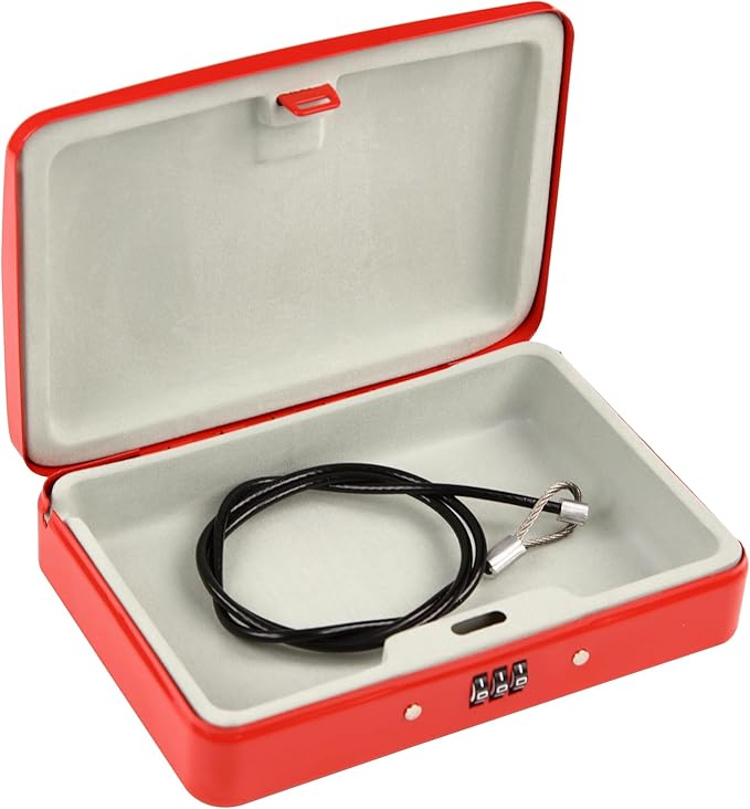 SEPOX Portable Security Case Lock Box Steel, Personal Travel Safe Storage Cabinet for Small Item, with 3 Ft Cable and Ressetable Combination Lock for Dorm, Car, Sports, Office, Red