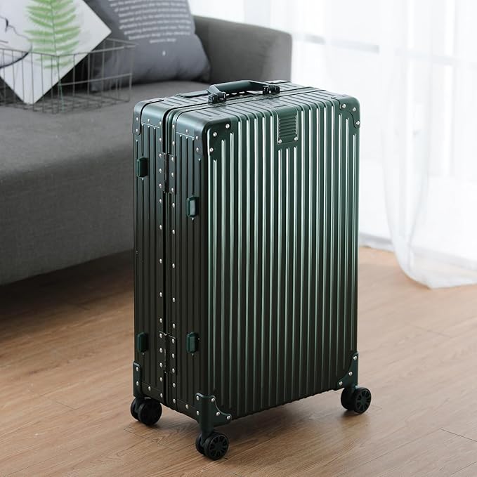 Metal All Aluminum Carry-on Luggage TSA Customs Lock Zipperless Silent Rotary Wheel Business Suitcase Aluminum Frame Set (dark green, 2Piece(20/28))