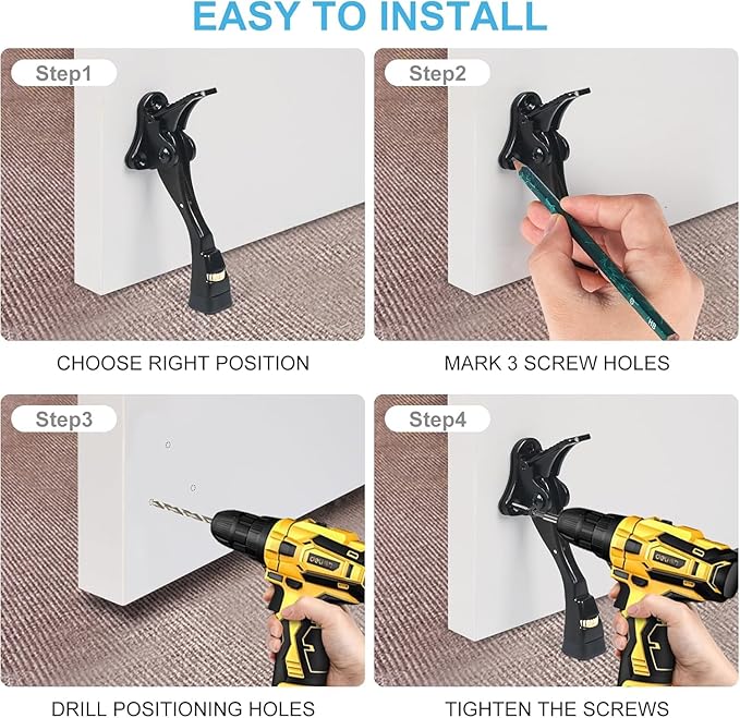 4 Packs Black Door Stops, Heavy Duty Kickdown Door Stopper, One Touch Adjustable Kickdown Door Stop for Heavy Doors, 4 in Metal Door Kickstand with Rubber Tip & Wall Protectors for Wide Doors- Black