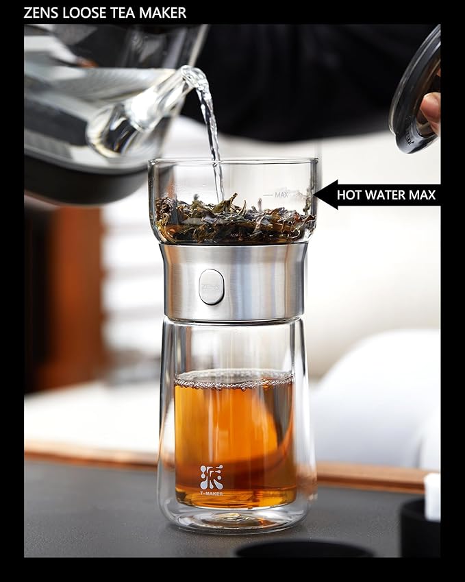 ZENS Modern Glass Tea Infuser Teapot, Smart One Touch Tea Maker for Loose Tea Diffusers with Insulated Mug and Portable Tea Kits, Cool Gongfu Tea Pot for Black Tea Lover Gifts