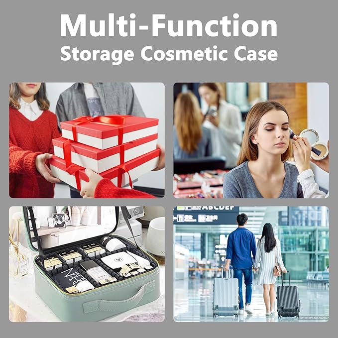 Travel Makeup Bag for Makeup Artists Large Makeup Case,with Mirror 3 Color Setting and Jewelry box Travel Makeup Bag,Portable Storage and Adjustable Dividers（black）
