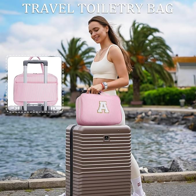 YOOLIFE Travel Toiletry Bag for Women - Hanging Toiletry Bag Makeup Bag, Portable Toiletries Cosmetic Bag, Airplane Travel Essentials - Letter O, Pink