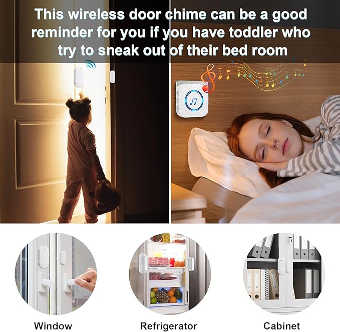 SanJie Wireless Door Chime Sensor, When Door Opens, Entry Alarm for Business/Home/Kids, 5 Adjustable Volume Ringer Alert 2 Sensors + 1 Receivers, 500 FT Range,26 Chimes