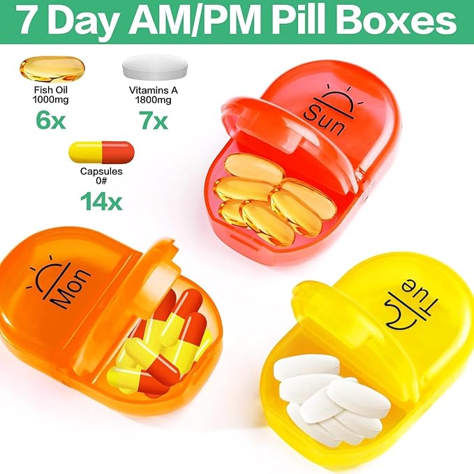 Serfeymi Weekly Travel Pill Organizer 2 Times A Day AM PM Upgraded Rainbow Pill Box 7 Day with Portable Zipper PU Leather Pill Case, Medicine Organizer for Pills, Vitamins, Fish Oils - Green-01