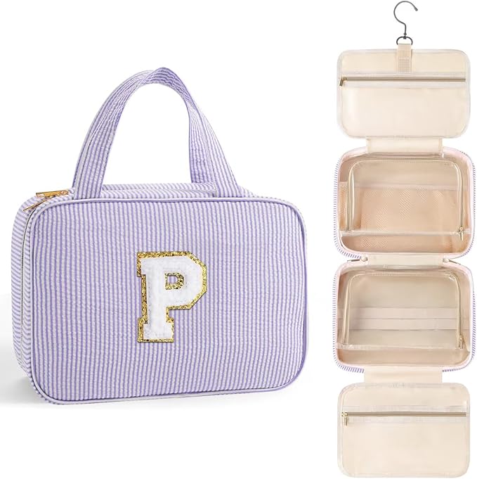 TOPEAST Hanging Toiletry Bag for Women - Travel Toiletry Bag Makeup Bag, Portable Toiletries Cosmetic Bag, Airplane Travel Essentials - Letter P, Purple