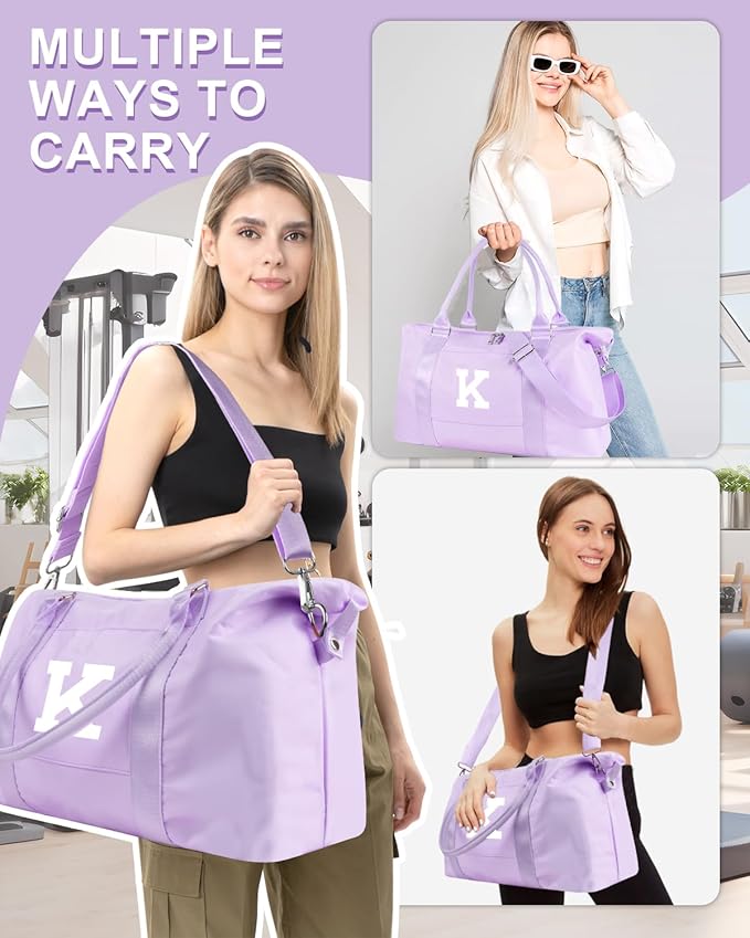 Daughter Niece Gifts for Teen Girl Kids, Initial Travel Duffel Bag Sports Gym Bag Personalized Gifts Weekender Bag，Monogram Overnight Bag Cute Dance Bag Birthday Bridesmaid Gifts for Women(Purple, K)