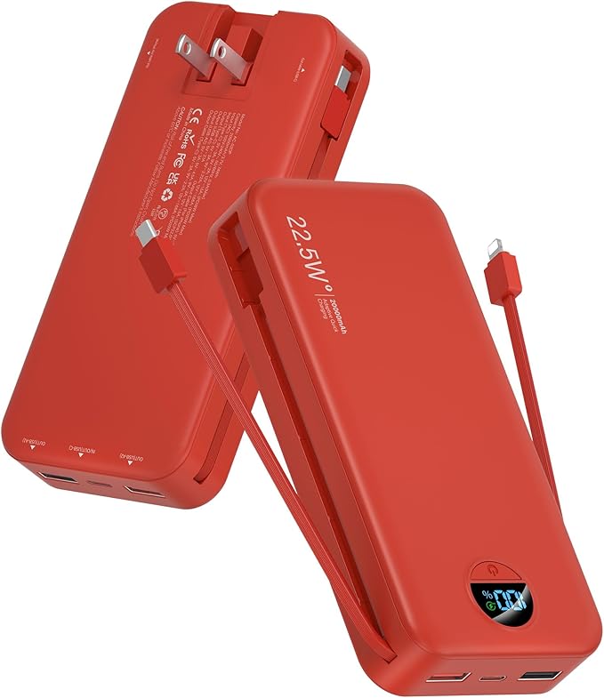 Portable Power Bank, 20000mAh 22.5W USB C Fast Charging Power Bank with Built-in Cable & Wall Plug, External Battery Pack with LED Display, Travel Essential Phone Charger for iPhone, iPad, Samsung Red