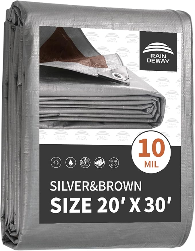 Tarps Heavy Duty Waterproof 20x30 Feet, 10Mil Multipurpose Large Tarp Cover with Metal Grommets and Reinforced Edges, Silver/Brown Tarp by RAINDEWAY