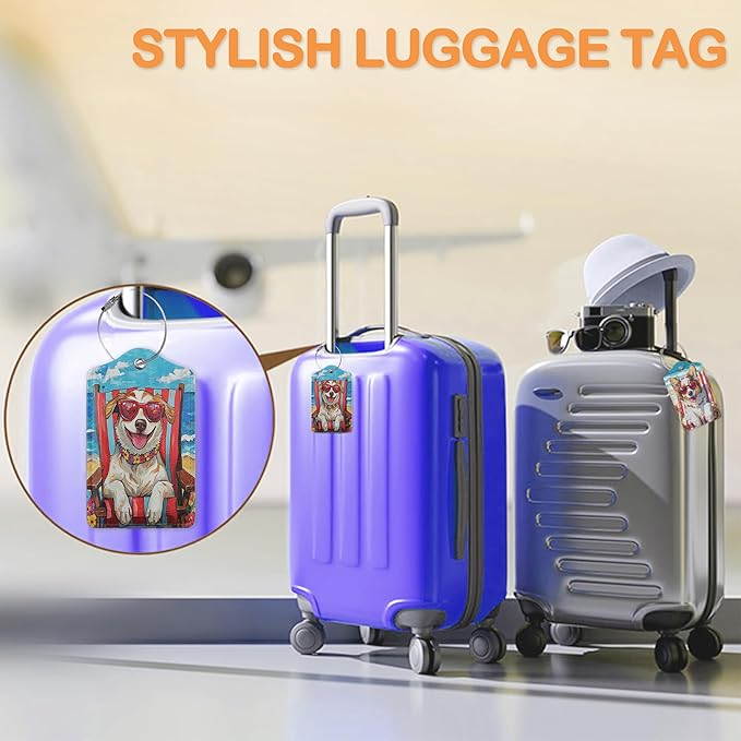 Funny Dog Summer 3 Pack PU Leahter Luggage Tag with Stainless Steel Loop, Cool Dog at The Beach Travel Suitcase Labels with Privacy Cover ID Label Quickly Spot for Bags