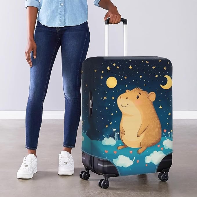 Capybara Suitcase Cover Cute Luggage Cover Protector Invisible Zipper Closure Travel Luggage Protector Fit 30-32 Inch Anti-Scratch Stretchable Suitcase Protector, Moon and Star