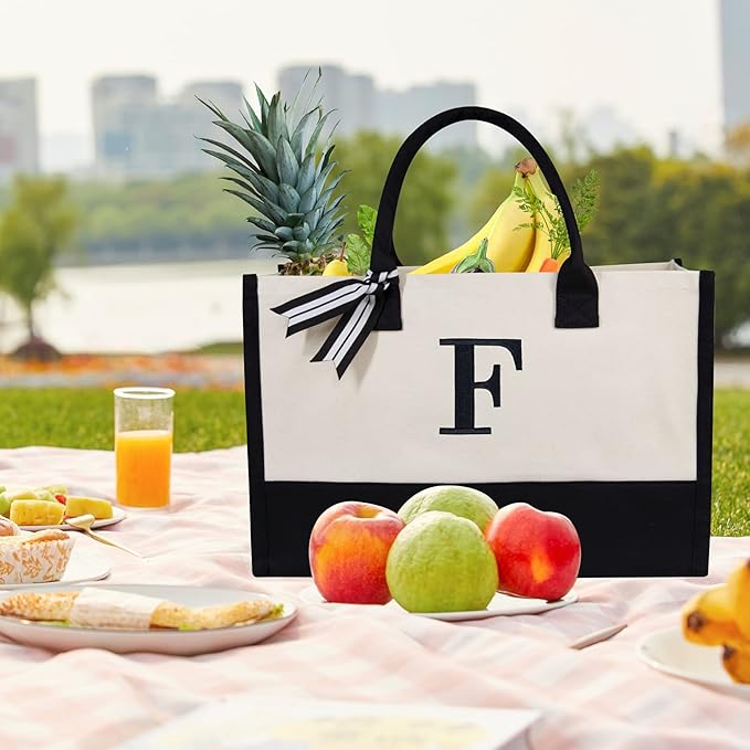 TOPDesign Embroidery Initial Canvas Tote Bag, Personalized Present Bag, Suitable for Wedding, Birthday, Beach, Holiday, is a Great Gift for Women, Mom, Teachers, Friends, Bridesmaids (Letter F)