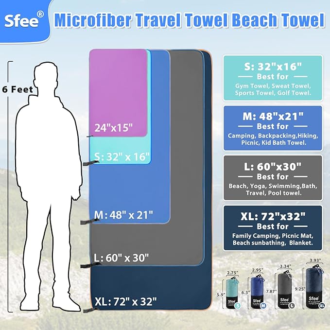 Sfee 2 Pack Microfiber Travel Towel, Quick Dry Camping Towel Large Beach Towel Super Absorbent Compact Lightweight Sports Gym Towels for Beach, Gym, Hiking, Pool, Backpacking, Bath, Yoga