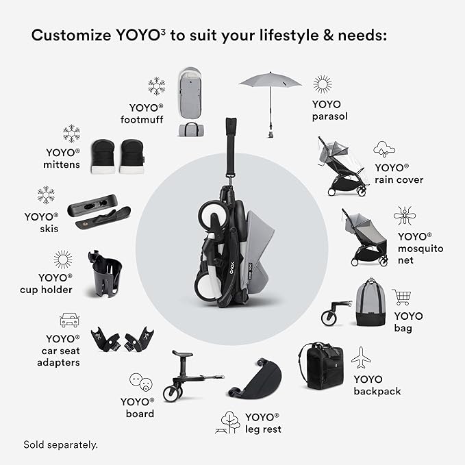 Stokke YOYO3 Stroller from 6 Months - Includes Black Frame/Stone Seat Cushion + Canopy - Folds in & Out in a Flash - Light & Compact - Carry-On Compatible