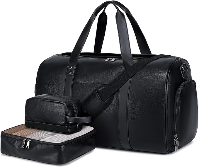Wogarl 3PCS Leather Weekender Bag for Women Men Large Overnight Bag Travel Duffel Bag with Shoe Compartment Toiletry Packing Cube Carry On Bag Fit 21"" Laptop(Black), YT042