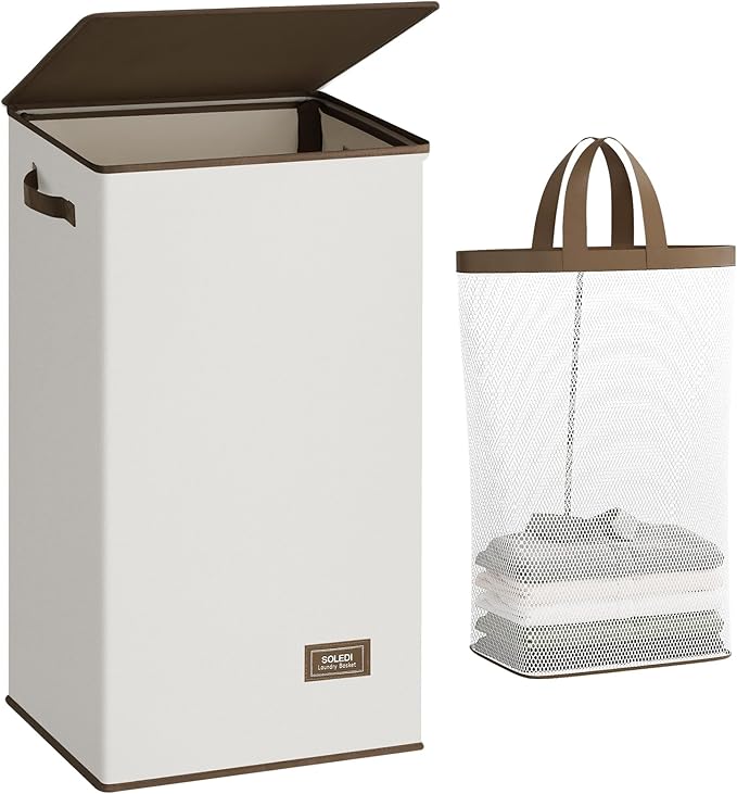 SOLEDI Laundry Hamper with Lid 100L Large & Tall Collapsible Laundry Basket, Clothes Hamper with Bag Removable Easy to Carry, Dirty Hampers for Bedroom, Bathroom, Dorm, College, Off-White