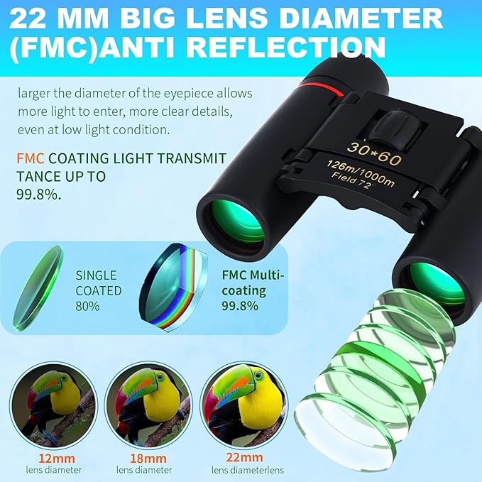 30x60 Binoculars for Adults and Kids,BAK4 Prism Waterproof Lightweight Foldable Easy Focus Small Compact Binoculars for Bird Watching, Hunting,Concerts,Travel,Hiking