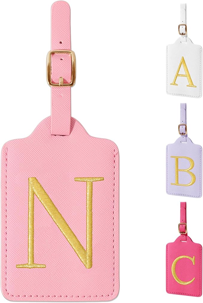 Personalized Initial Luggage Tags for Suitcase, Pink Leather Cute Luggage Tags with Privacy Cover Name Card, Embroidered Custom Monogrammed Luggage Tag Travel Bag Baggage Tags Gifts for Women Kids(N)