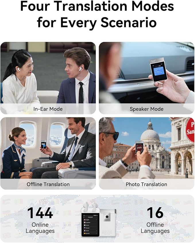 Wooask A9 Translation Earbuds Real Time Support Calls & Hotspot Sharing, AI Translator Device No APP No Phone Needed with 140+ Languages, ChatGPT/Offline/Photo Translation for Business & Travel