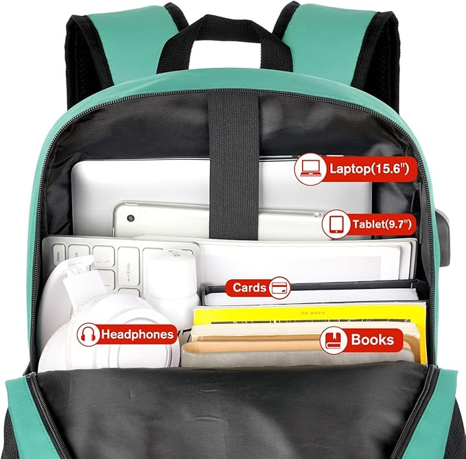 17 Inch School Backpack for Teens,Green Bookbag Classic Backpack with USB Port for High School College Students