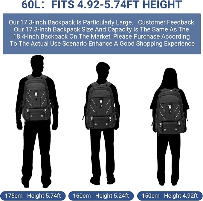 17.3 Inch Travel Laptop Backpack with Shoe Compartment,50L Carry on Flight Approved Backpacks Multiple Compartments,Water Resistant Anti Theft Bag with USB Charging Port,for Men Women