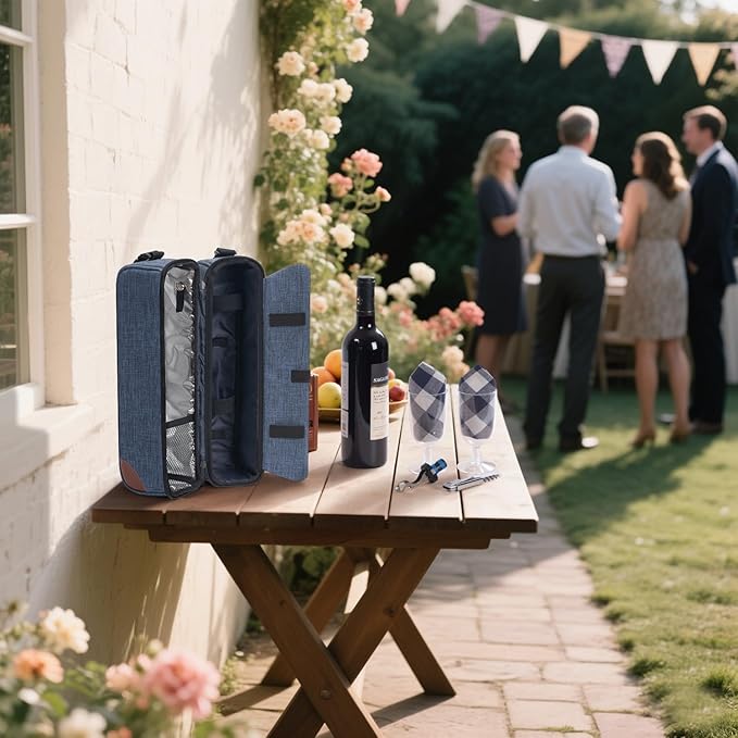 ALLCAMP Wine Tote Bag with Cooler Compartment，Picnic Set Carrying Two Sets of Tableware（Blue）