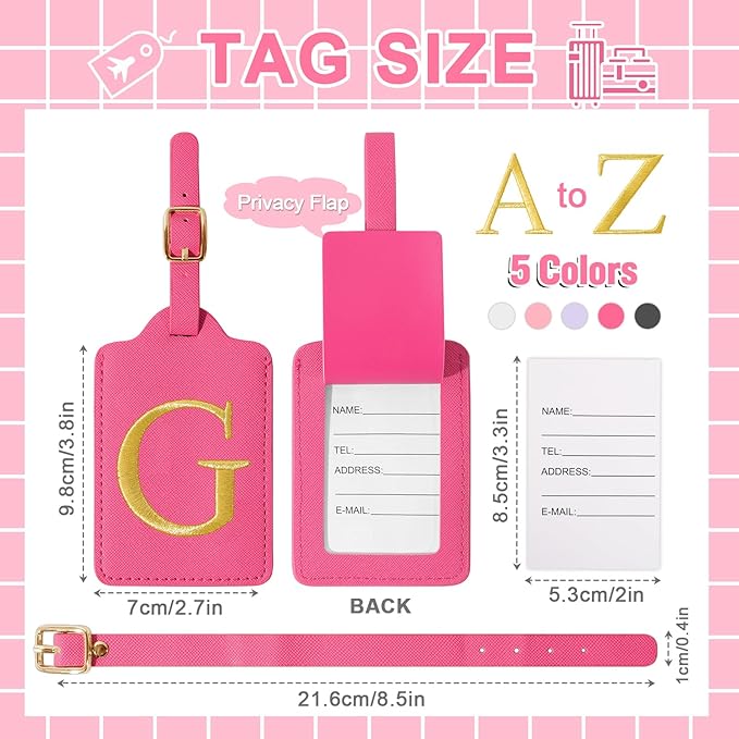 Personalized Rose Red Leather Initial Luggage Tags with Privacy Cover Name Card, Custom Monogram Embroidered Cute Suitcase Tags for Women Kids
