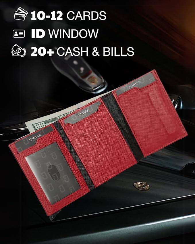 Jenoss Smart AirTag Wallet for Men & Women: Full Grain Leather, Black Pop Up Case, Slim, RFID Blocking, Credit Card Holder Apple Air Tag Tracker Trifold Minimalist 12 Slot ID (Red & Black)