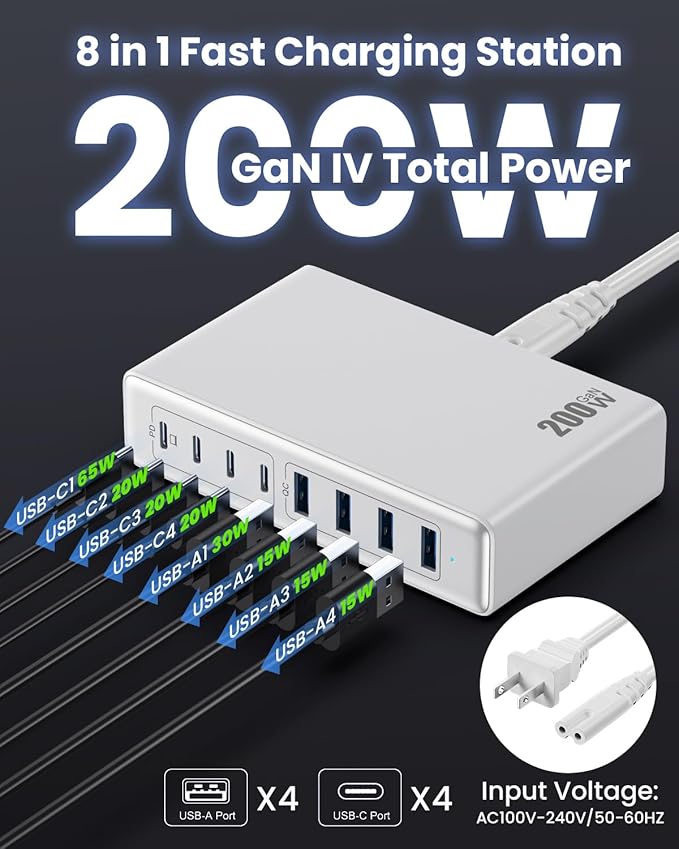 200W USB C Charger Block,GaN IV Charging Station 8 Ports,QC4.0 Fast Charging Station Hub+PD 65W USB C Laptop Charger Adapter Compatible with MacBook Air/Pro,DELL,iPhone 16/15,iPad,Steam Deck-White