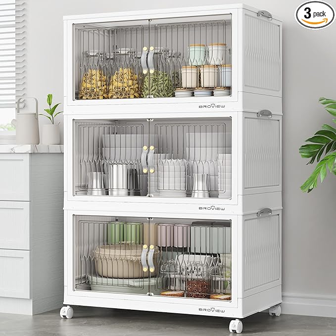 BROVIEW 300Qt Stackable Storage Bins with Lid, Extra Large Closet Organizer Collapsible Drawer Boxes with Wheels, Folding Plastic Cabinet Containers for Home Kitchen Room Organization, 3Pack White