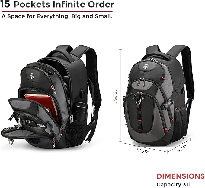 Swissdigital Design Laptop Backpack with USB Charging Port, TSA Travel Backpack Fits 15.6 inches Computer, 31L College School Backpack for Men, Black/Grey | SD803