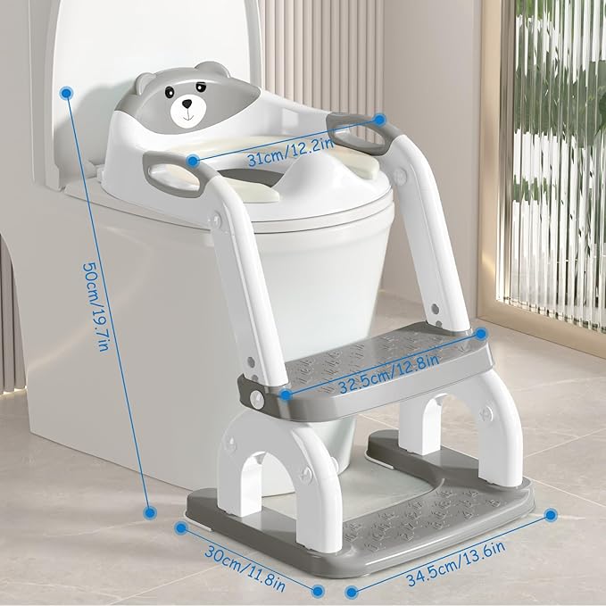 Potty Training Seat for Toddlers - Upgrade 2-in-1 Toilet Seat Toilet Ladder for Kids Children Boys Girls, Anti-Slip Pad & Adjustable Height with Waterproof PVC Cushion - Grey