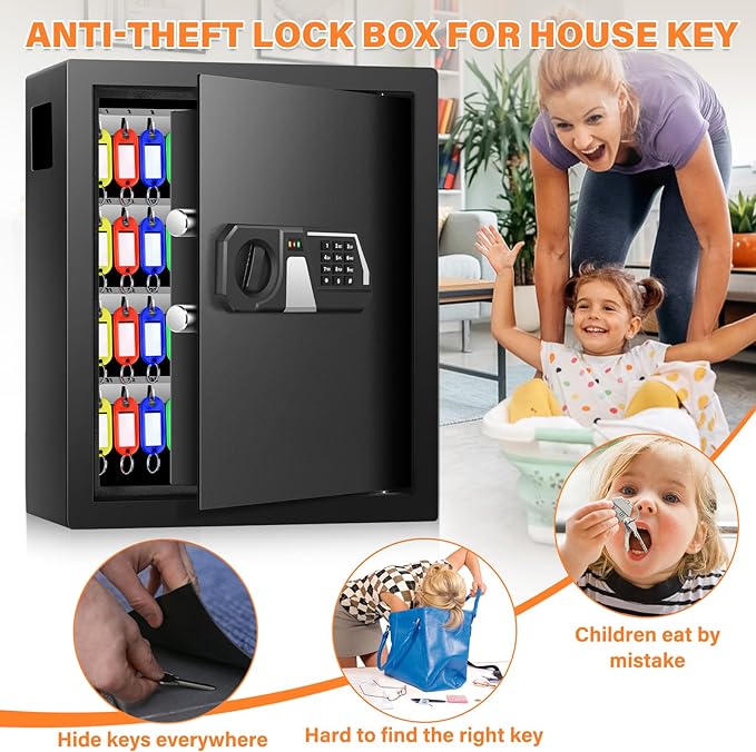 71 Keys Fireproof Key Lock Box, Anti-Theft Key Box Wall Mount with Adjustable Hook Plates, Key Tags and Side Opening, Key Safe Key Cabinet Key Organizer for Home Office Garage Rental Business