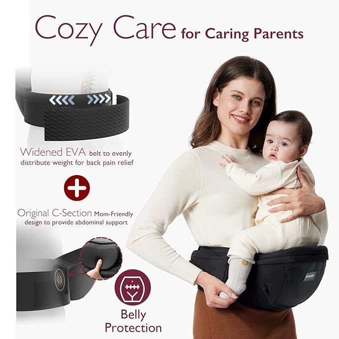 Momcozy Hip Seat Baby Carrier - Adjustable Waistband with Original 3D Belly Protector, Ergonomic Carrier with Various Pockets for Newborns & Toddlers up to 45lbs (Black, Medium)