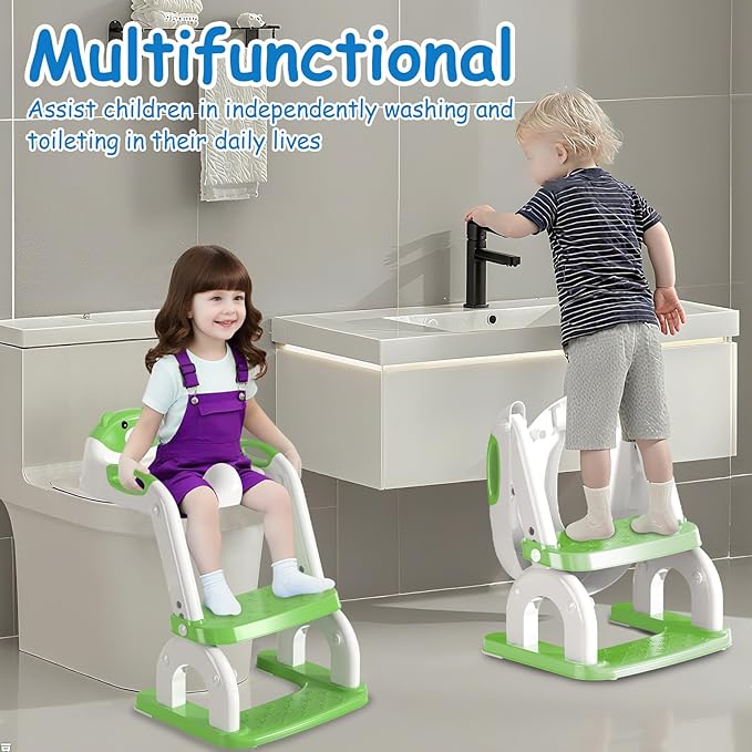 Potty Training Seat for Toddlers - Upgrade 2-in-1 Toilet Seat Toilet Ladder for Kids Children Boys Girls, Anti-Slip Pad & Adjustable Height with Waterproof PVC Cushion - Green