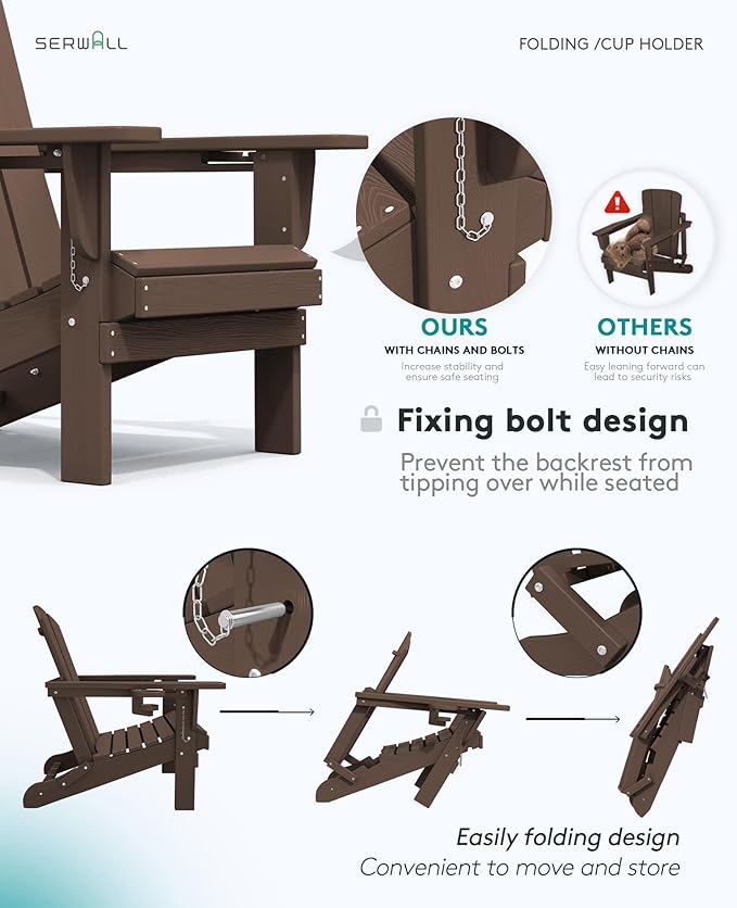 SERWALL Adirondack Chair with Cup Holders - Composite Adirondack Chairs Set of 8 HDPE Outdoor Chairs All Weather Use- Coffee