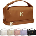 Gifts for Young Women, Personalized Makeup Bag with Handle, Initial Double Layer Cosmetic Bag with Makeup Brush Organizer, Cute Cosmetic Pouch for Women, Gifts for Friends Female Mom