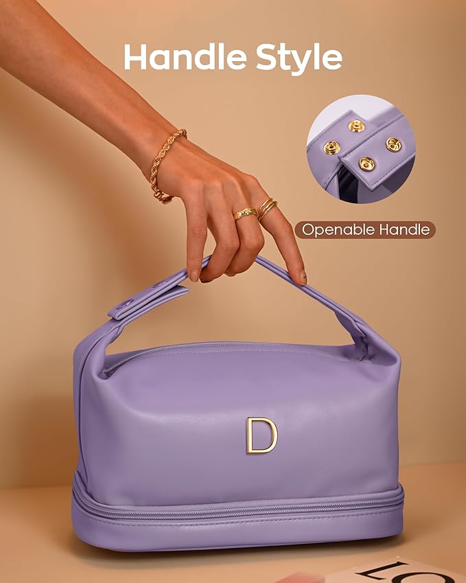 Makeup Bags with Handle, Friend Gifts, Personalized Double Layer Cosmetic Bag with Makeup Brush Organizer, Waterproof, Large Capacity PU Leather Travel Toiletry Bag, Birthday Gifts for Girls