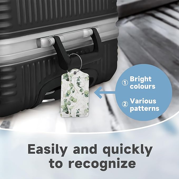 2 Pack Leather Luggage Tag for Suitcase Green White Eucalyptus Leaves Unique Travel Tags with Privacy Cover ID Label & Stainless Steel Loop for Men and Women Baggage
