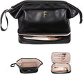 Initial Makeup Bag, Daughter Gifts, Personalized Double Layer Cosmetic Bag with Makeup Brush Organizer, Waterproof, Large Capacity PU Leather Travel Toiletry Bag Cute Things for Girls