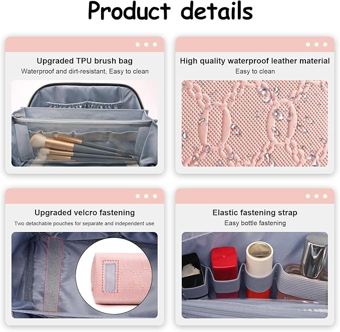 BOYATU Travel Makeup Bag for Women: Cosmetic Organizer Bag with Compartments - Leather Make up Bags Set of 3 (Pink)